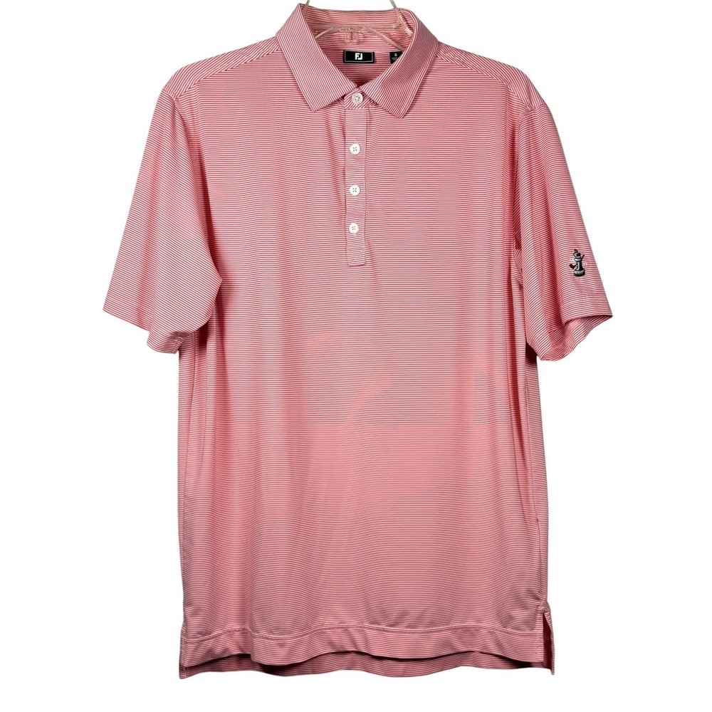 FootJoy Athletic Fit Golf Polo, Red and White Pinstripes, Chess Logo, Size Small
